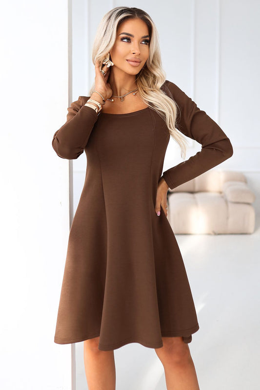 brown flared long sleeve day dress front view