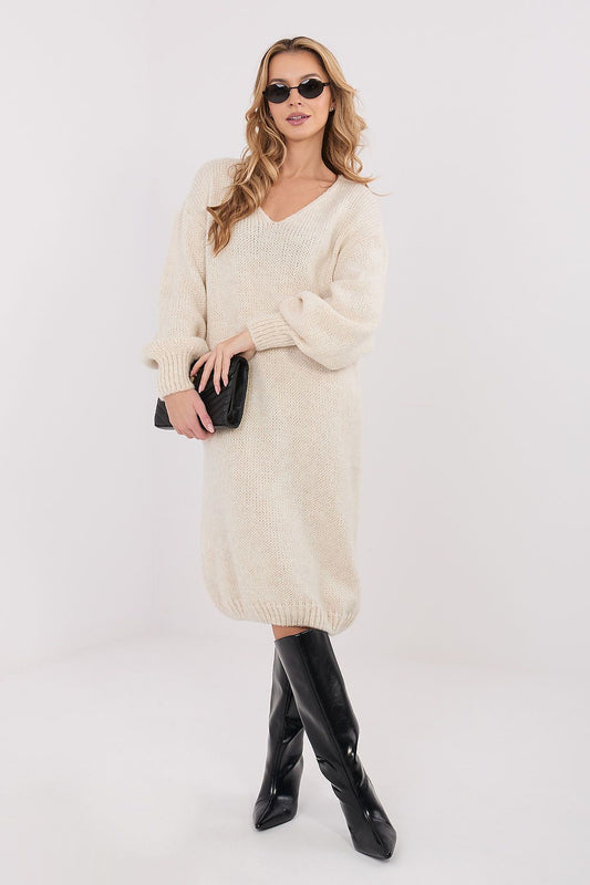 beige long sleeve v-neck day dress front view