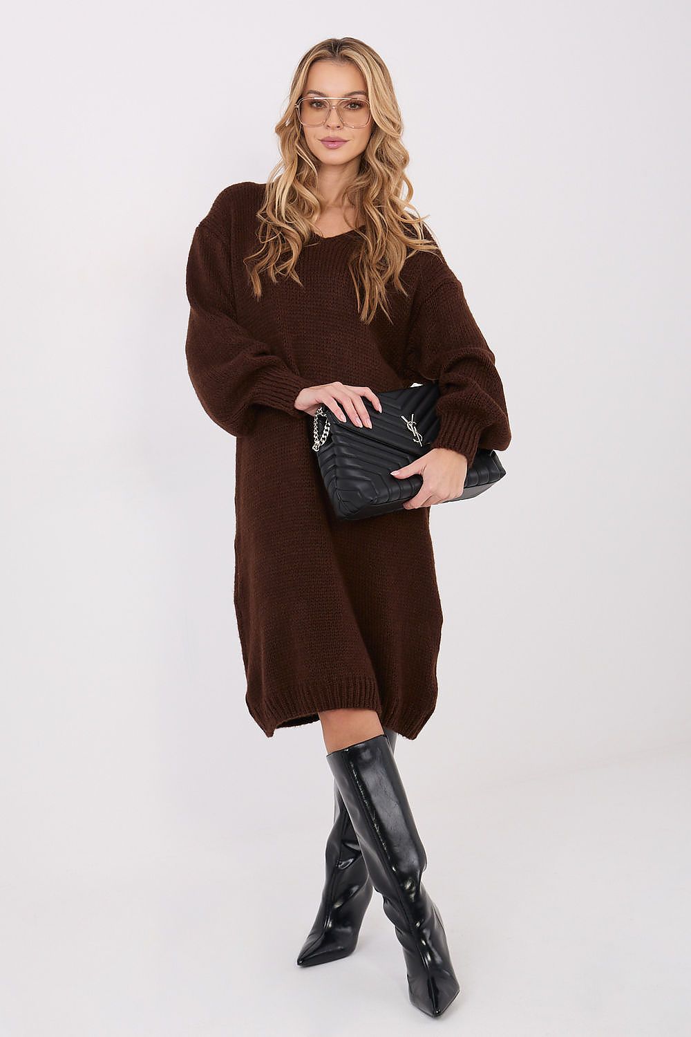 beige long sleeve v-neck day dress back view