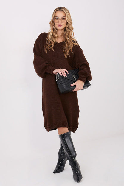 beige long sleeve v-neck day dress back view