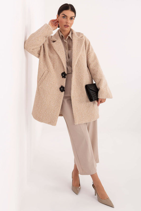 beige long sleeve mini coat front view