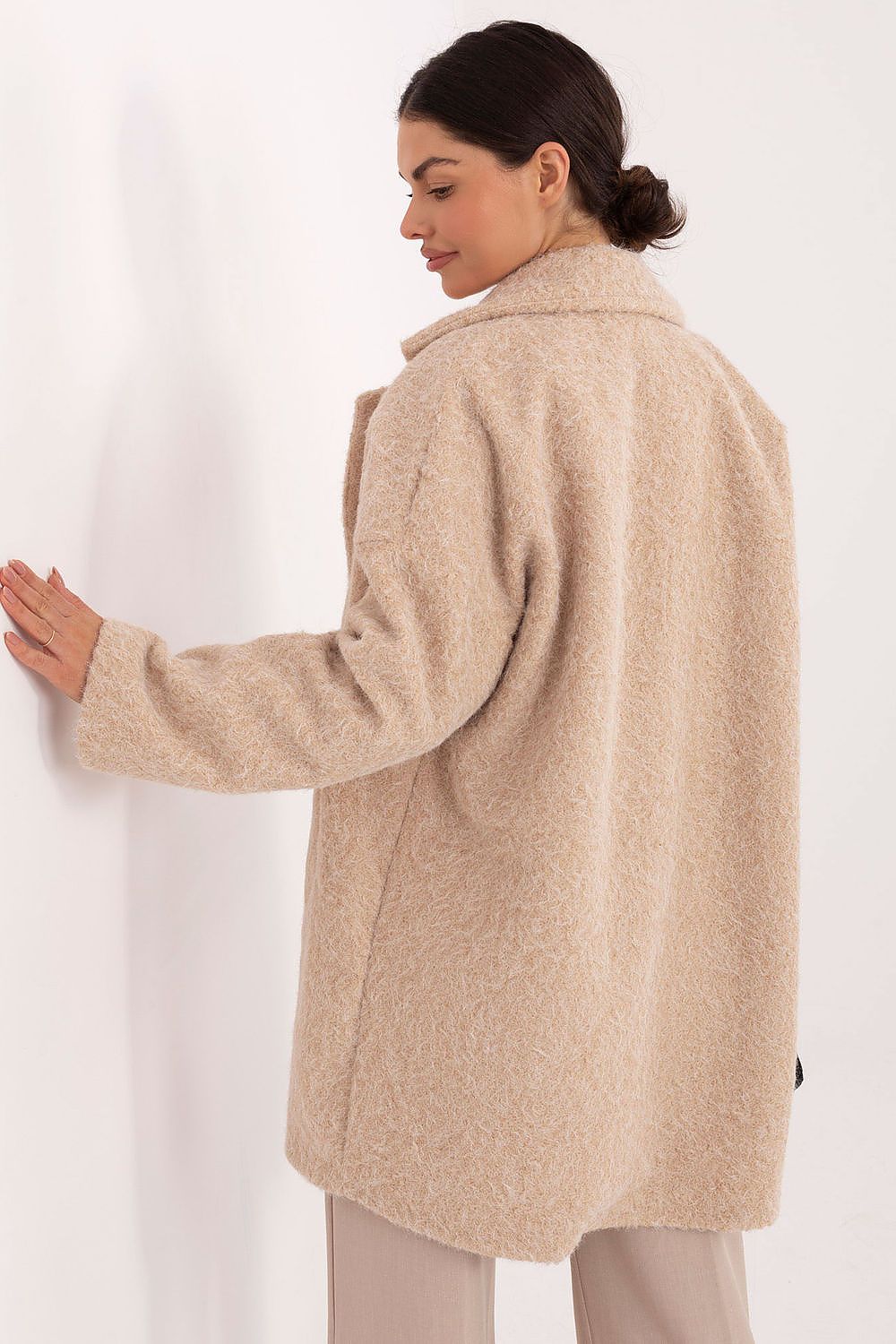 beige long sleeve mini coat detail view
