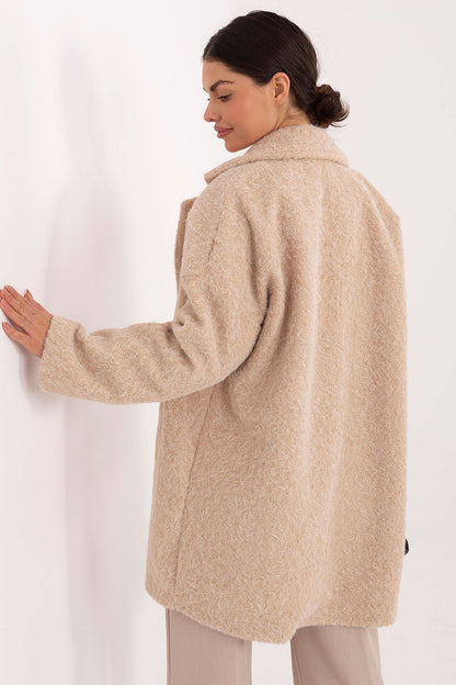 beige long sleeve mini coat detail view