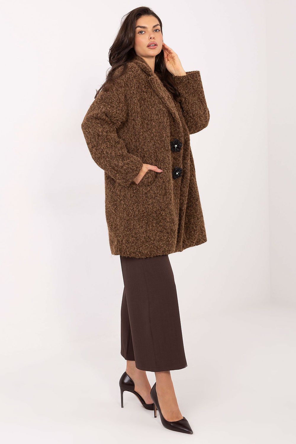 beige long sleeve mini coat side view