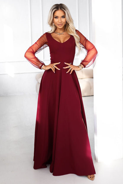 red tulle flared long dress front view