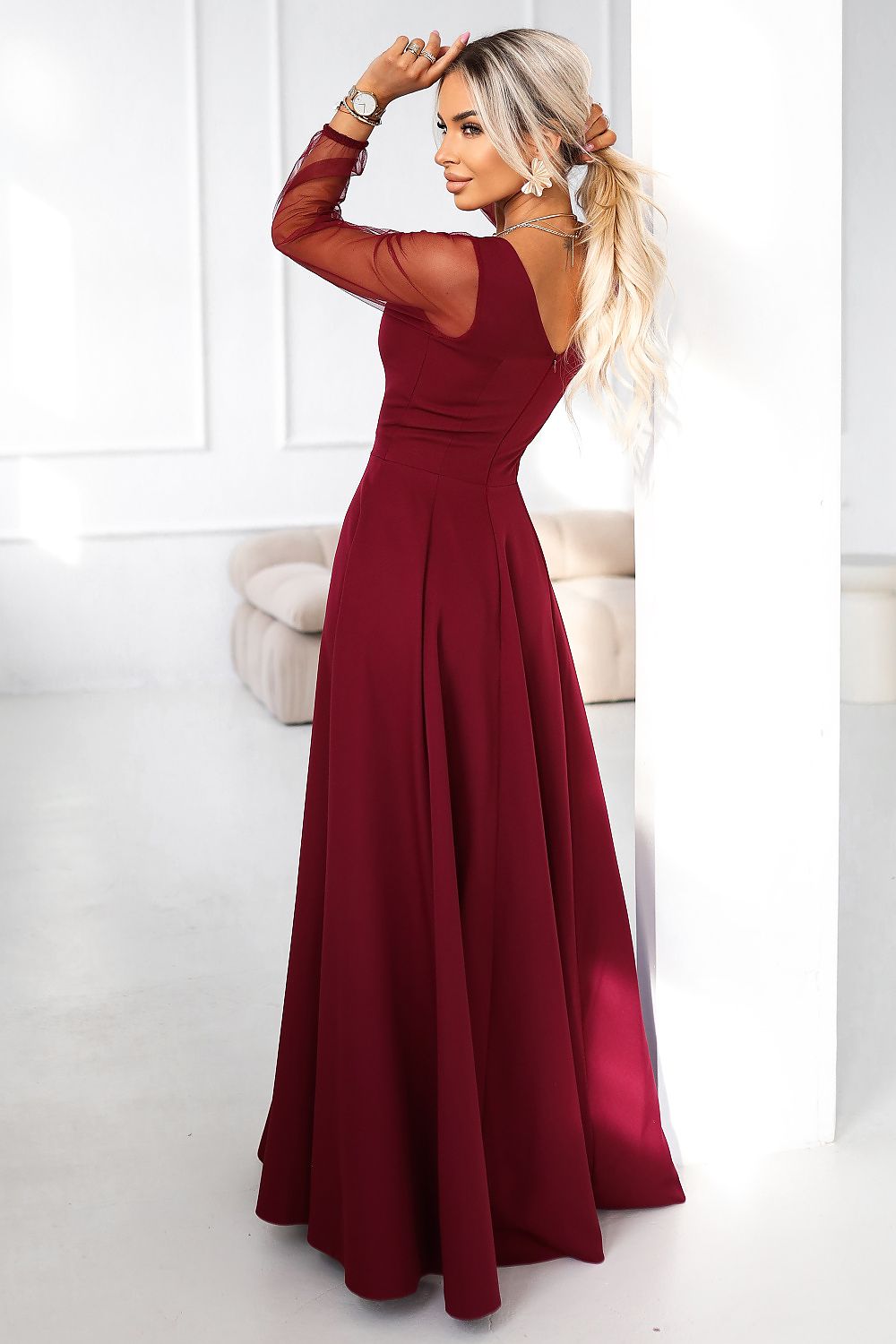 red tulle flared long dress alternate angle