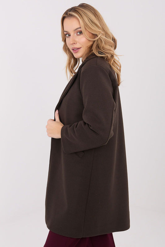 brown long sleeve coat front view