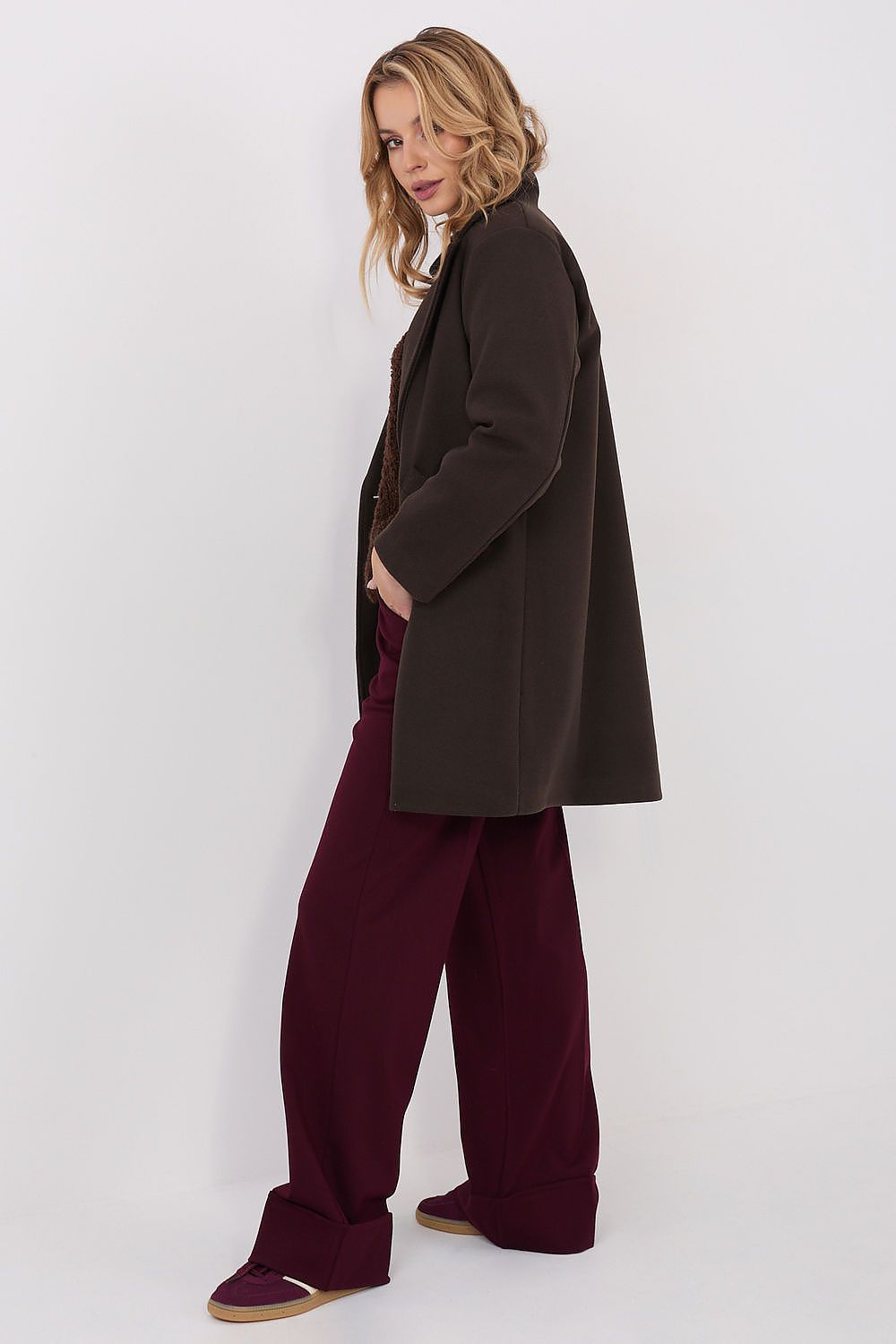 brown long sleeve coat alternate angle