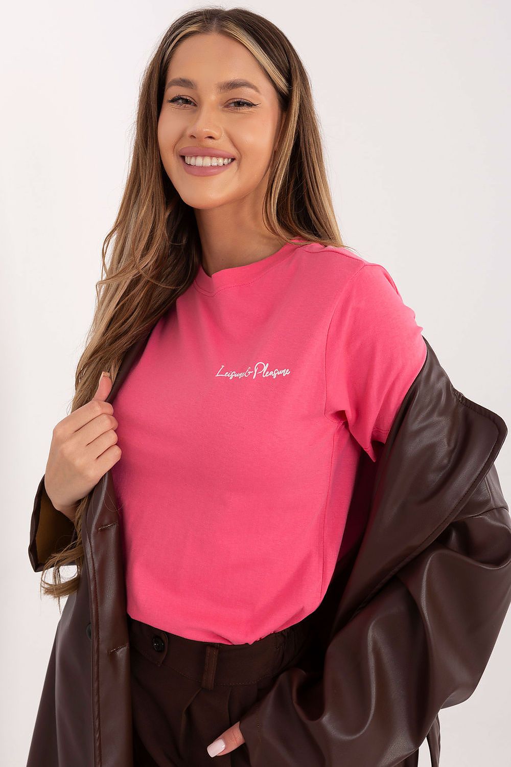 Women's Pink, White, and Blue T-shirt front view