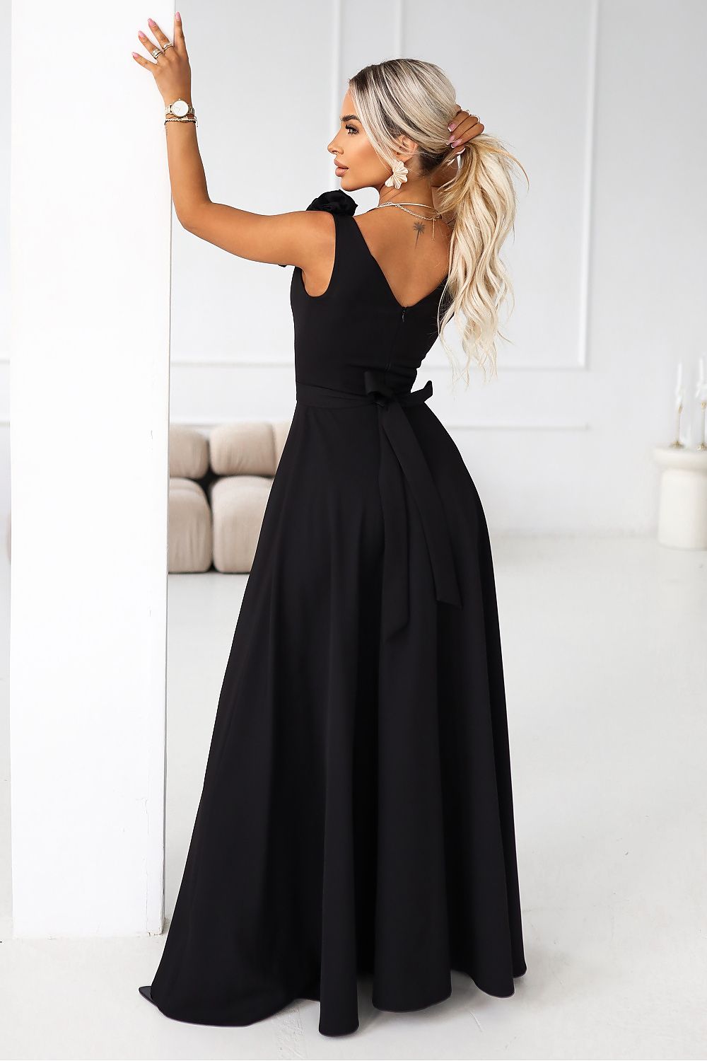 black v-neck mini long dress alternate angle
