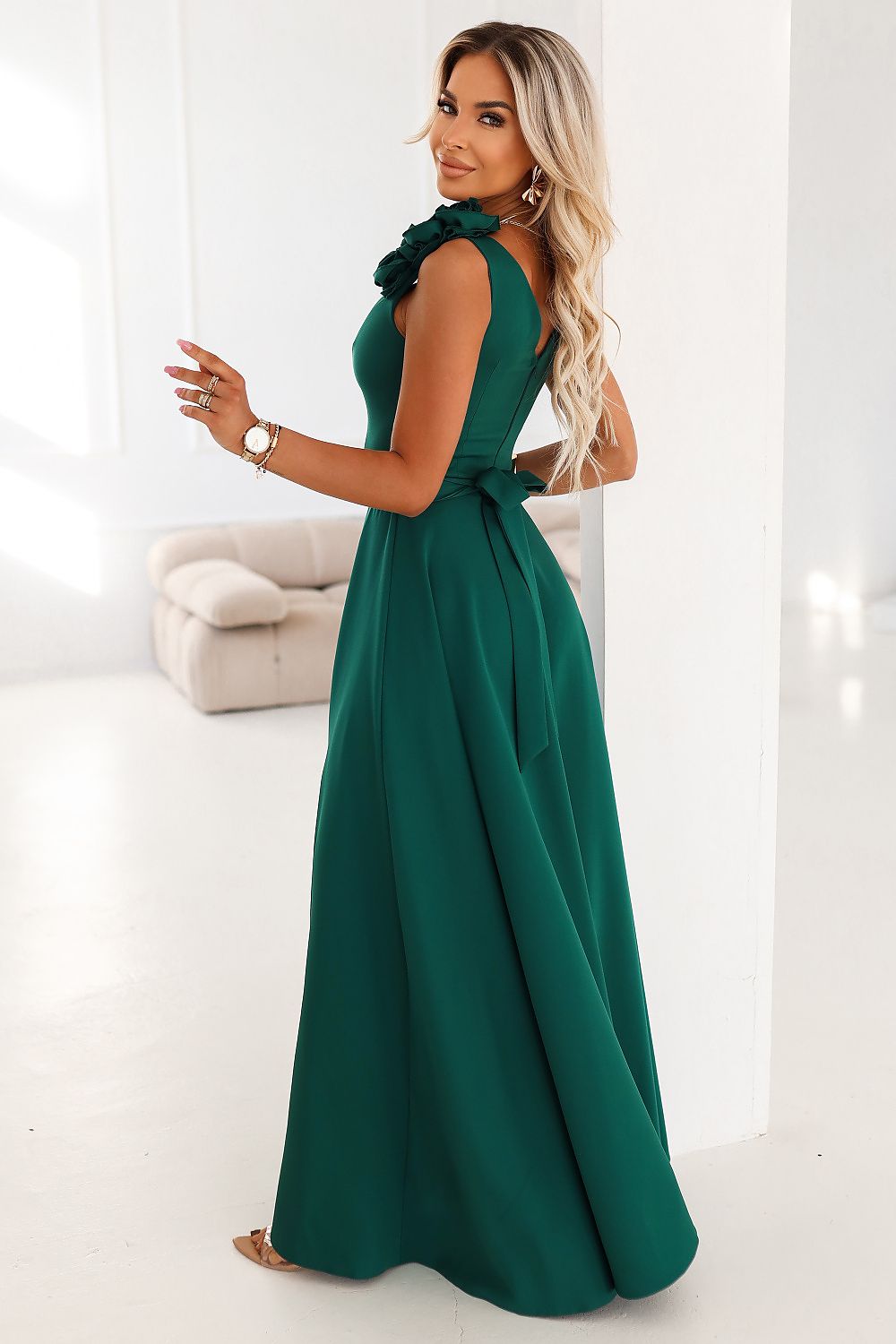 green lace v-neck long dress alternate angle