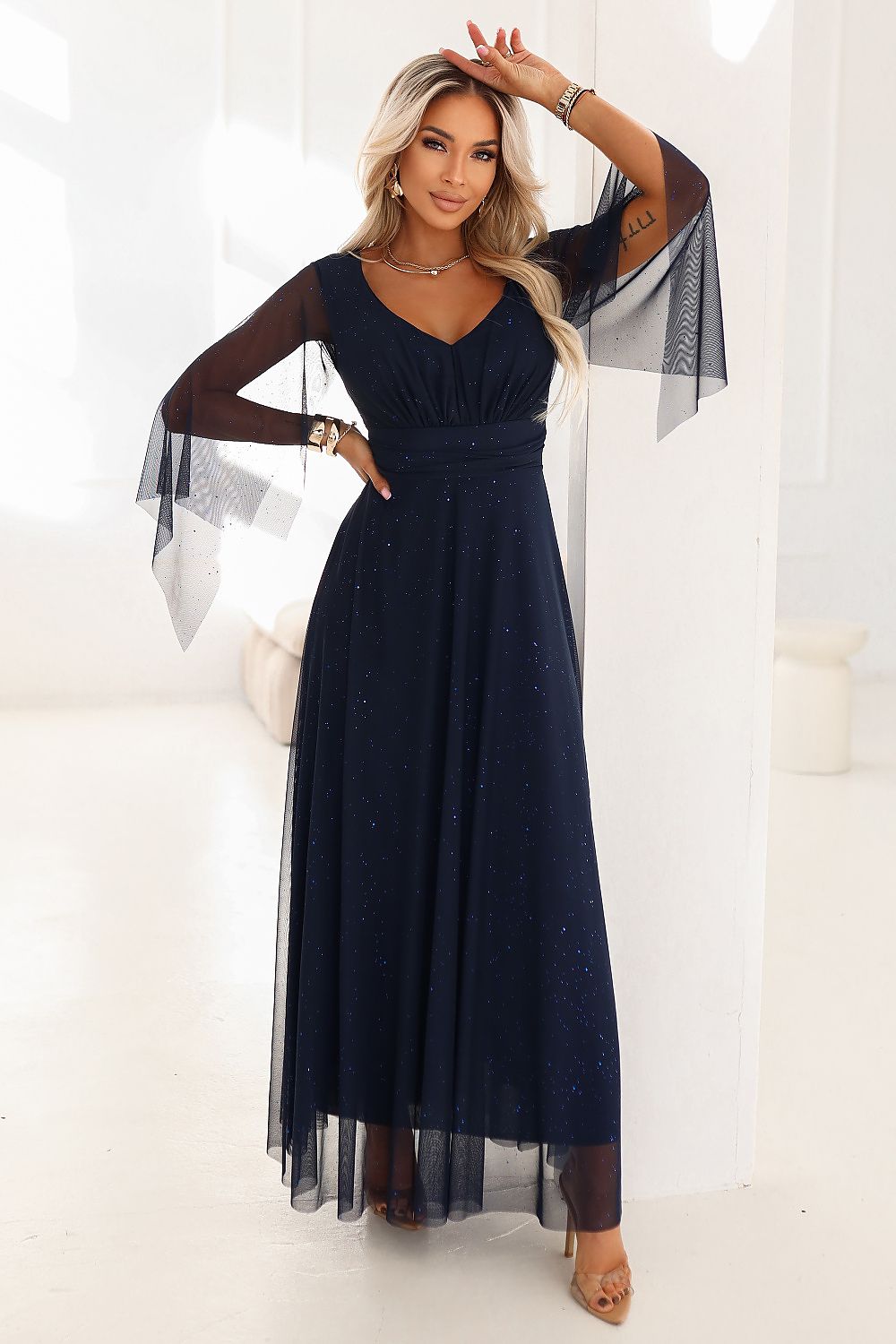 navy blue wrap flared long dress front view
