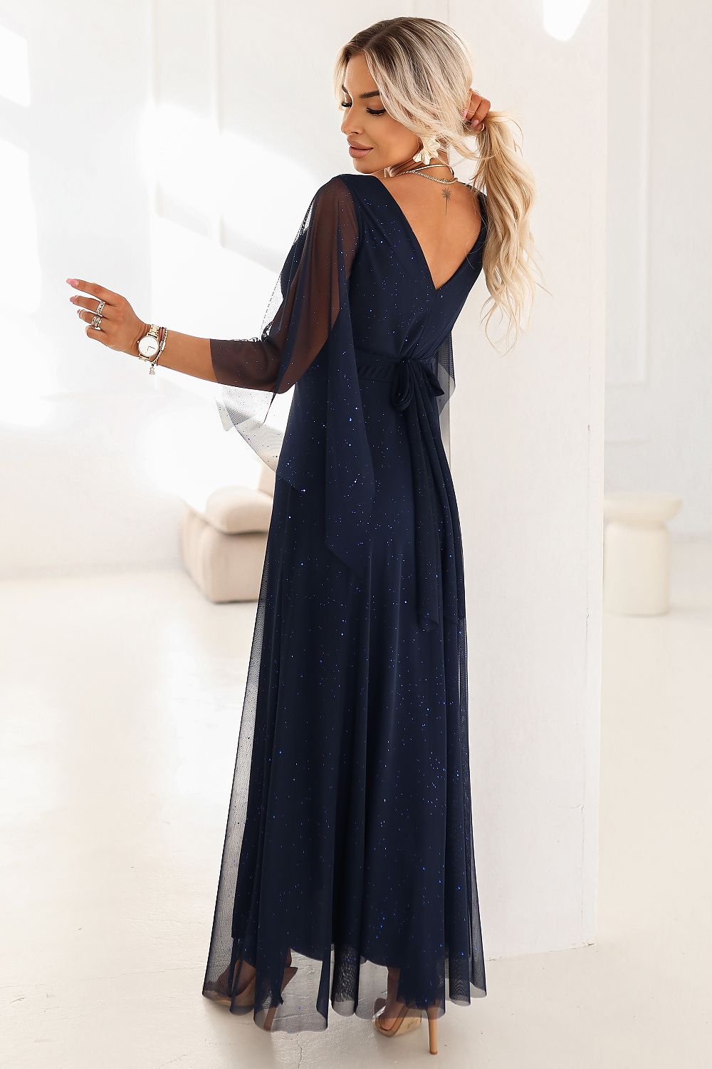 navy blue wrap flared long dress alternate angle