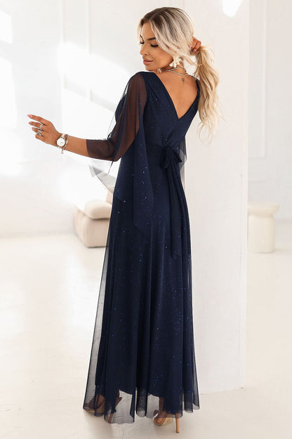 navy blue wrap flared long dress alternate angle