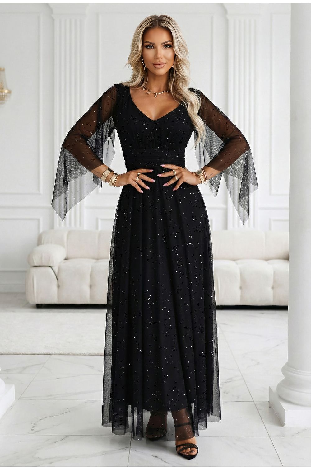 black wrap tulle long dress front view