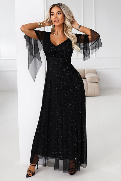 black wrap tulle long dress alternate angle