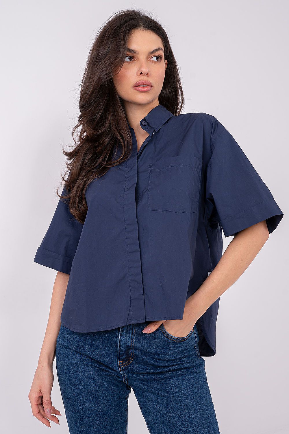 Women's Navy Blue, White, and Orange Short Sleeve Shirt front view