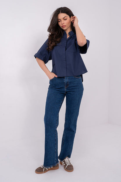 Women's Navy Blue, White, and Orange Short Sleeve Shirt side view