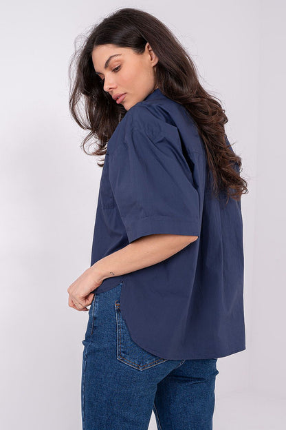 Women's Navy Blue, White, and Orange Short Sleeve Shirt detail view