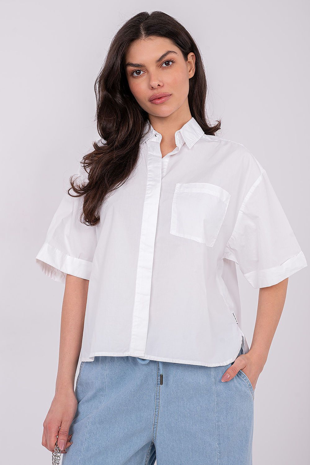 Women's Navy Blue, White, and Orange Short Sleeve Shirt back view