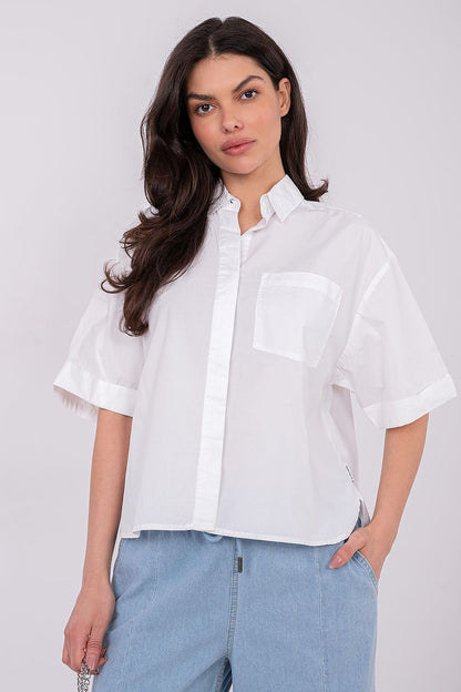 Women's Navy Blue, White, and Orange Short Sleeve Shirt back view