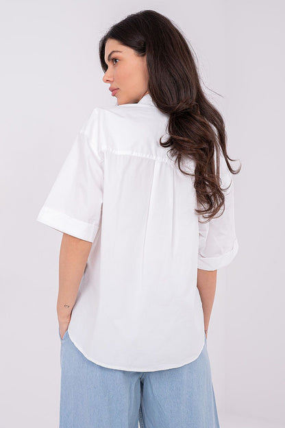 Women's Navy Blue, White, and Orange Short Sleeve Shirt view 6