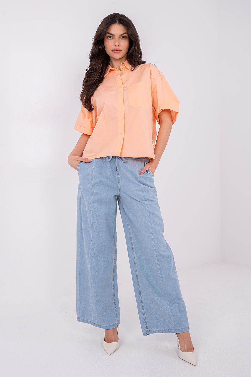 Women's Navy Blue, White, and Orange Short Sleeve Shirt view 8