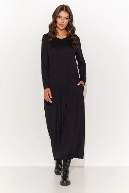 black wrap lace elegant black long sleeve maxi dress – flattering fit, breathable viscose for perfect work & night out