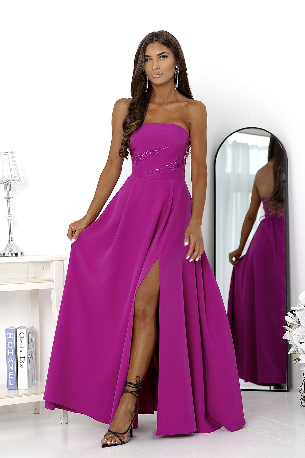 violet sequin belted long dress front view