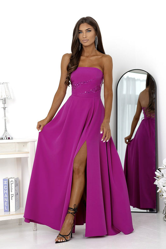 violet sequin belted long dress front view
