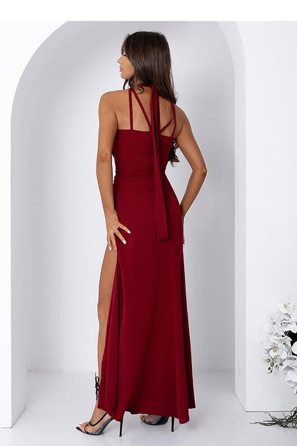 red flared sleeveless long dress detail view