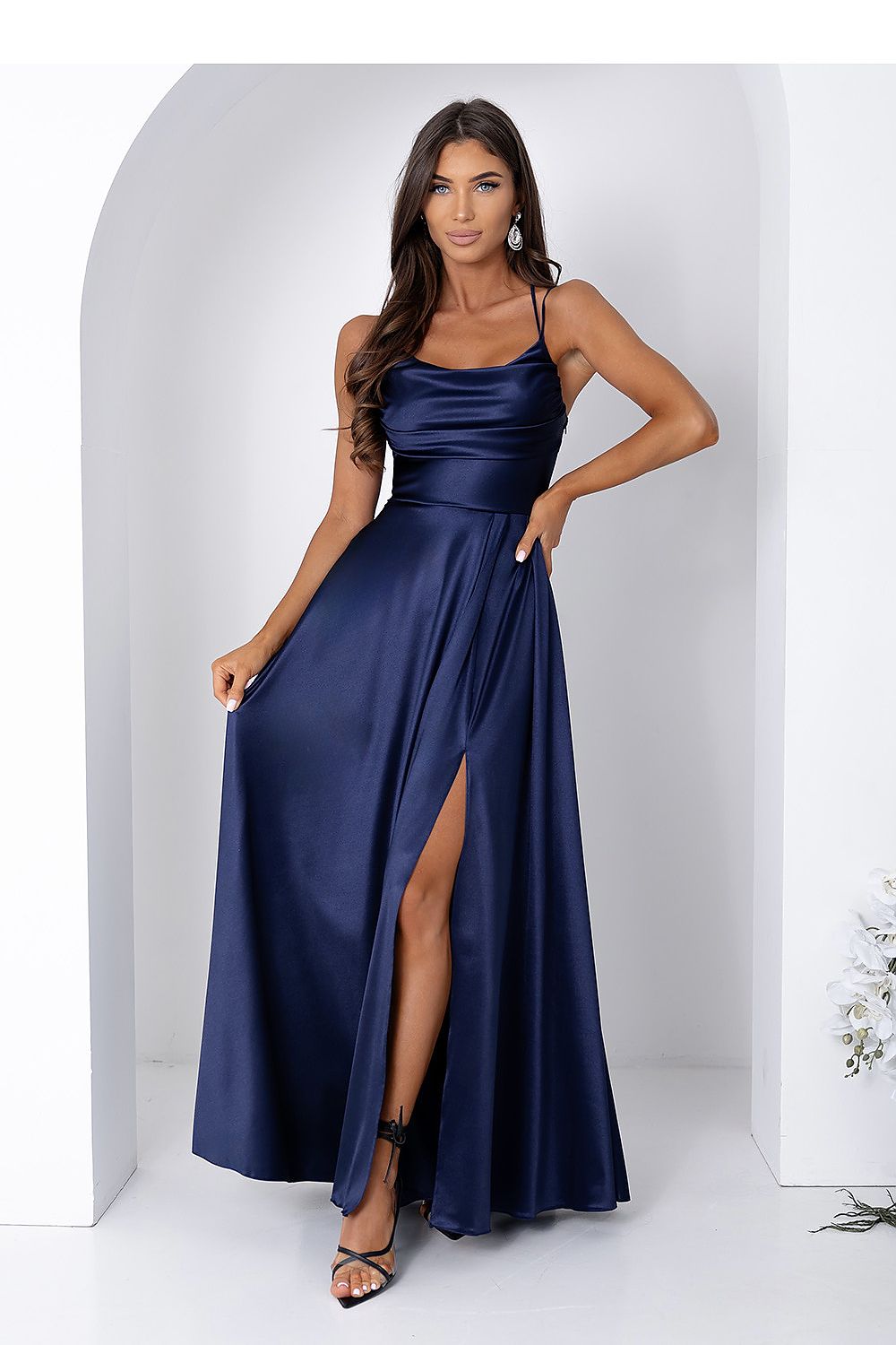 navy blue lace mini long gown front view