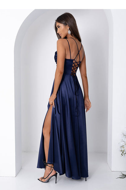 navy blue lace mini long gown detail view