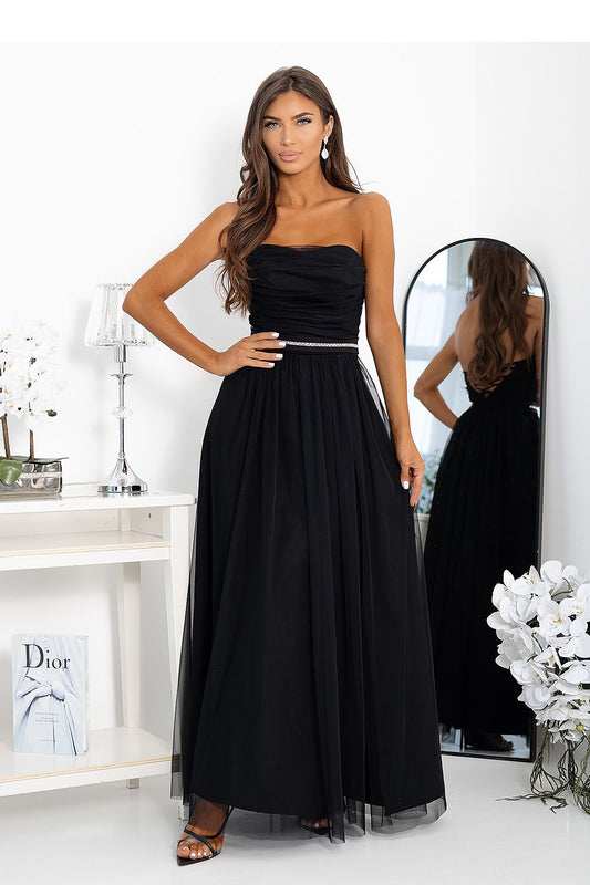 black tulle sequin long gown front view