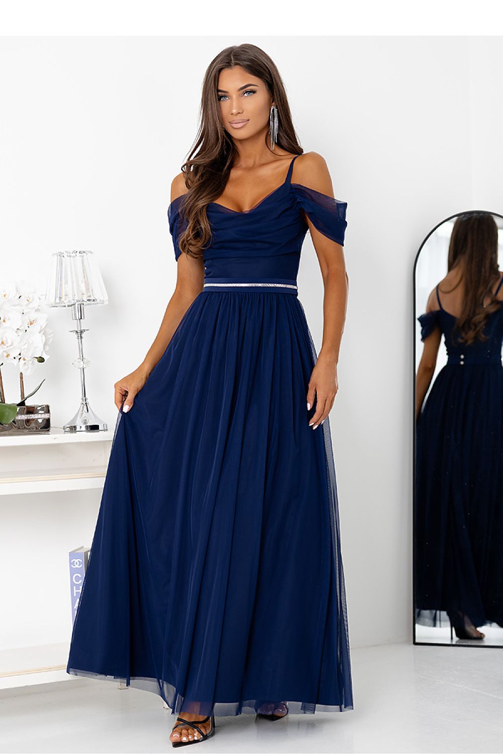 navy blue tulle belted long gown front view