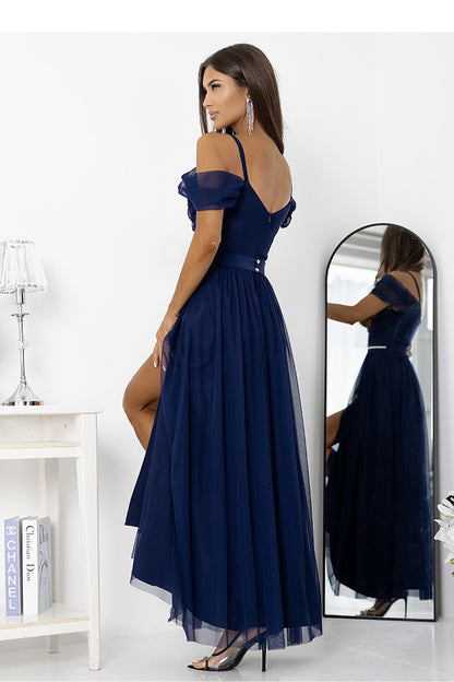 navy blue tulle belted long gown detail view