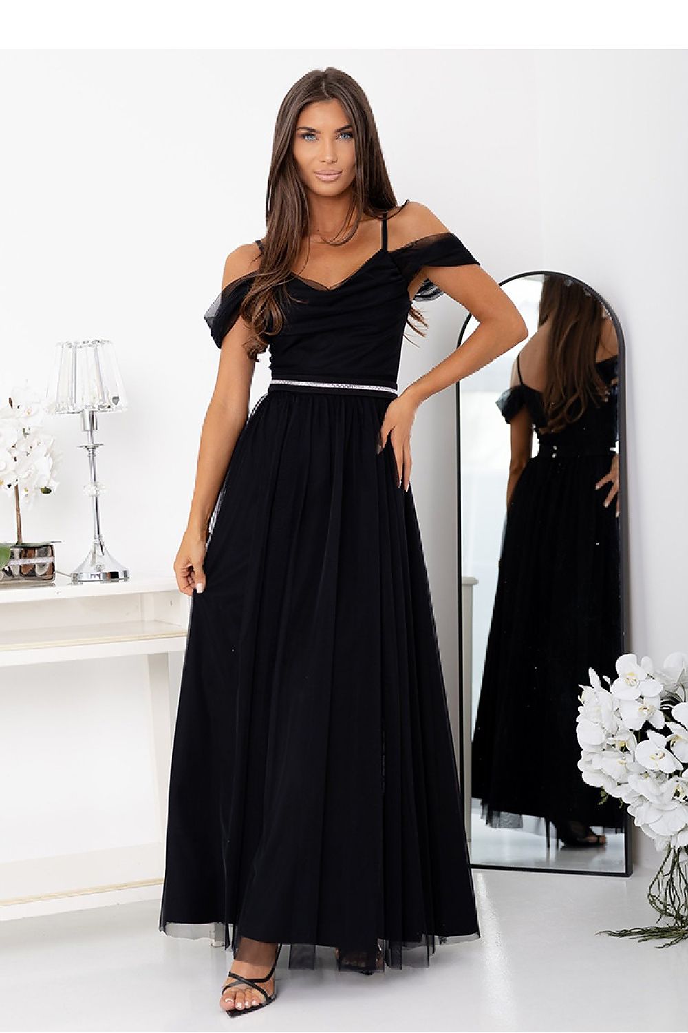 black tulle belted long gown front view