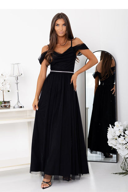 black tulle belted long gown front view