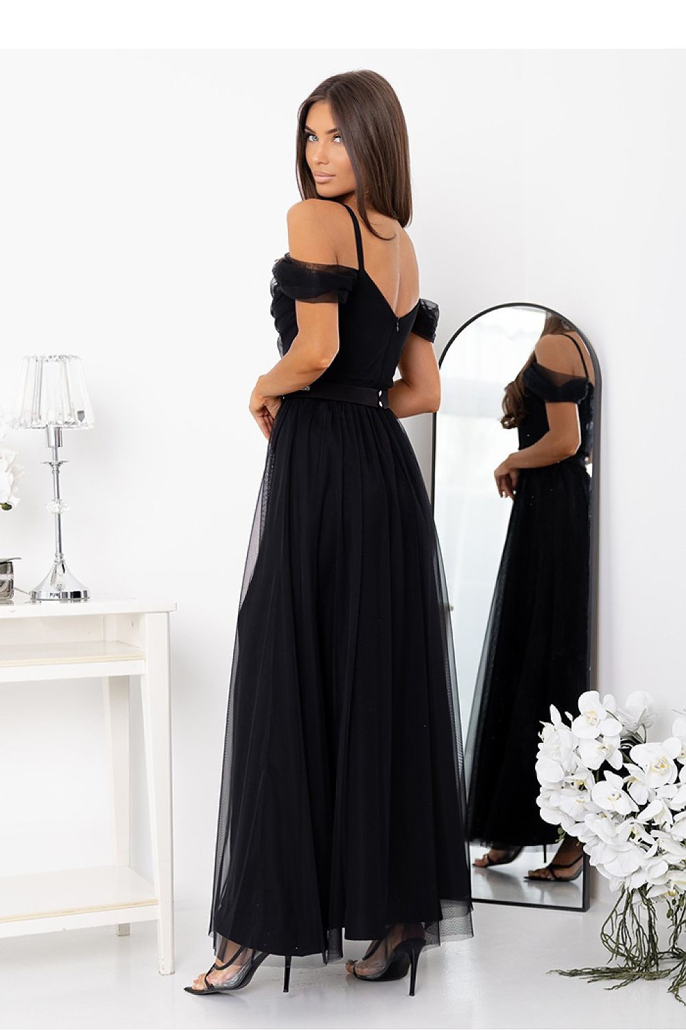 black tulle belted long gown detail view