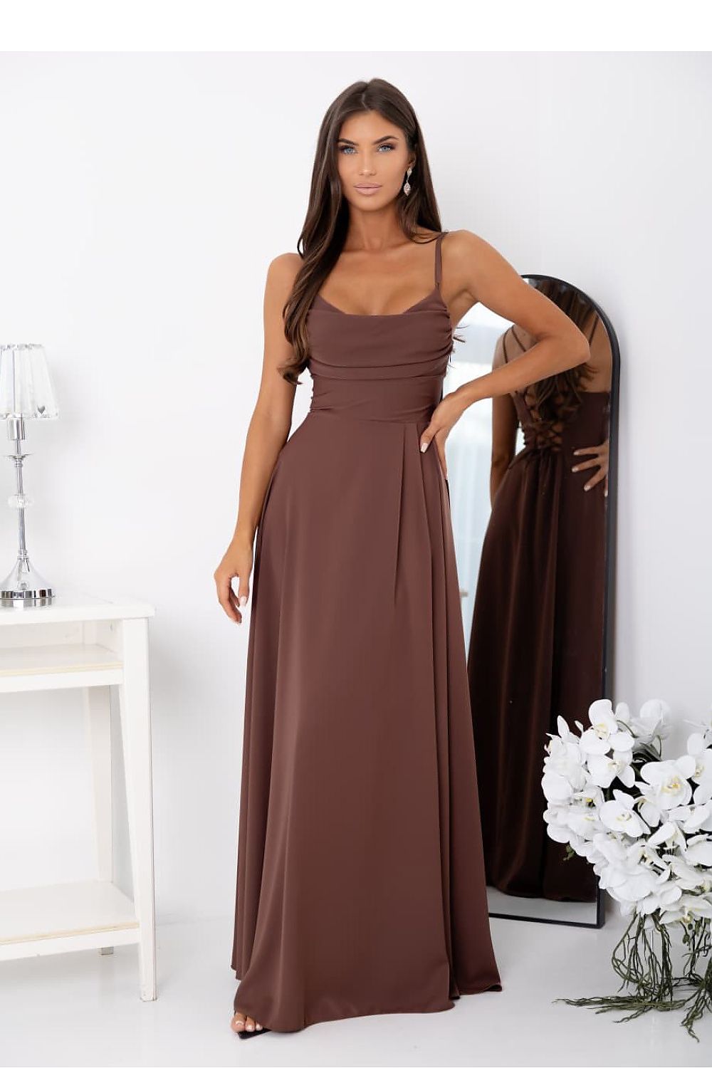 brown evening dress front view