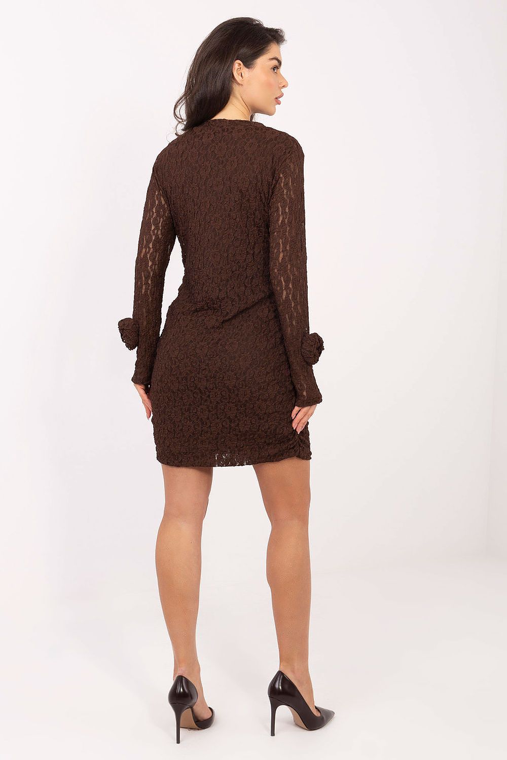 brown lace pencil short dress detail view