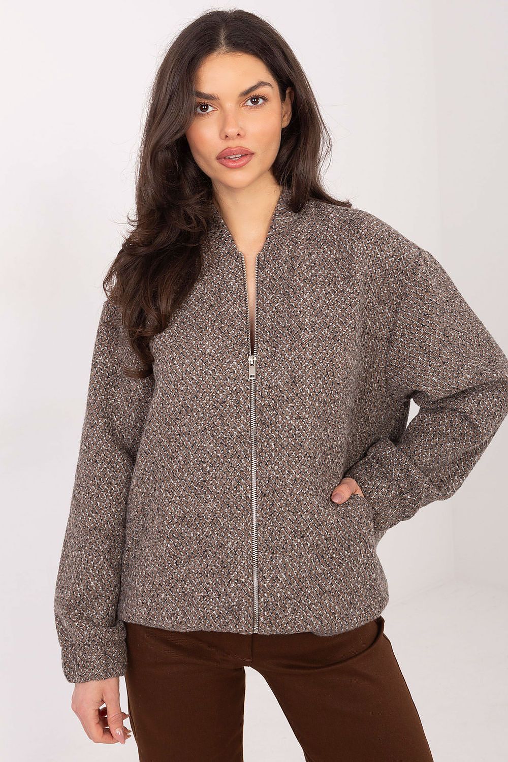 beige long sleeve jacket front view