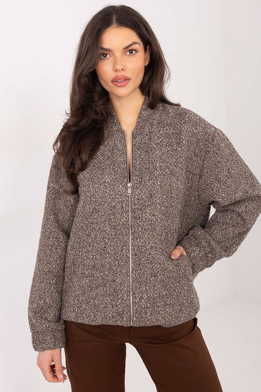 beige long sleeve jacket front view