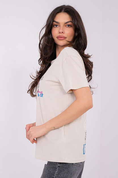Women's Beige, Violet, and White T-shirt side view