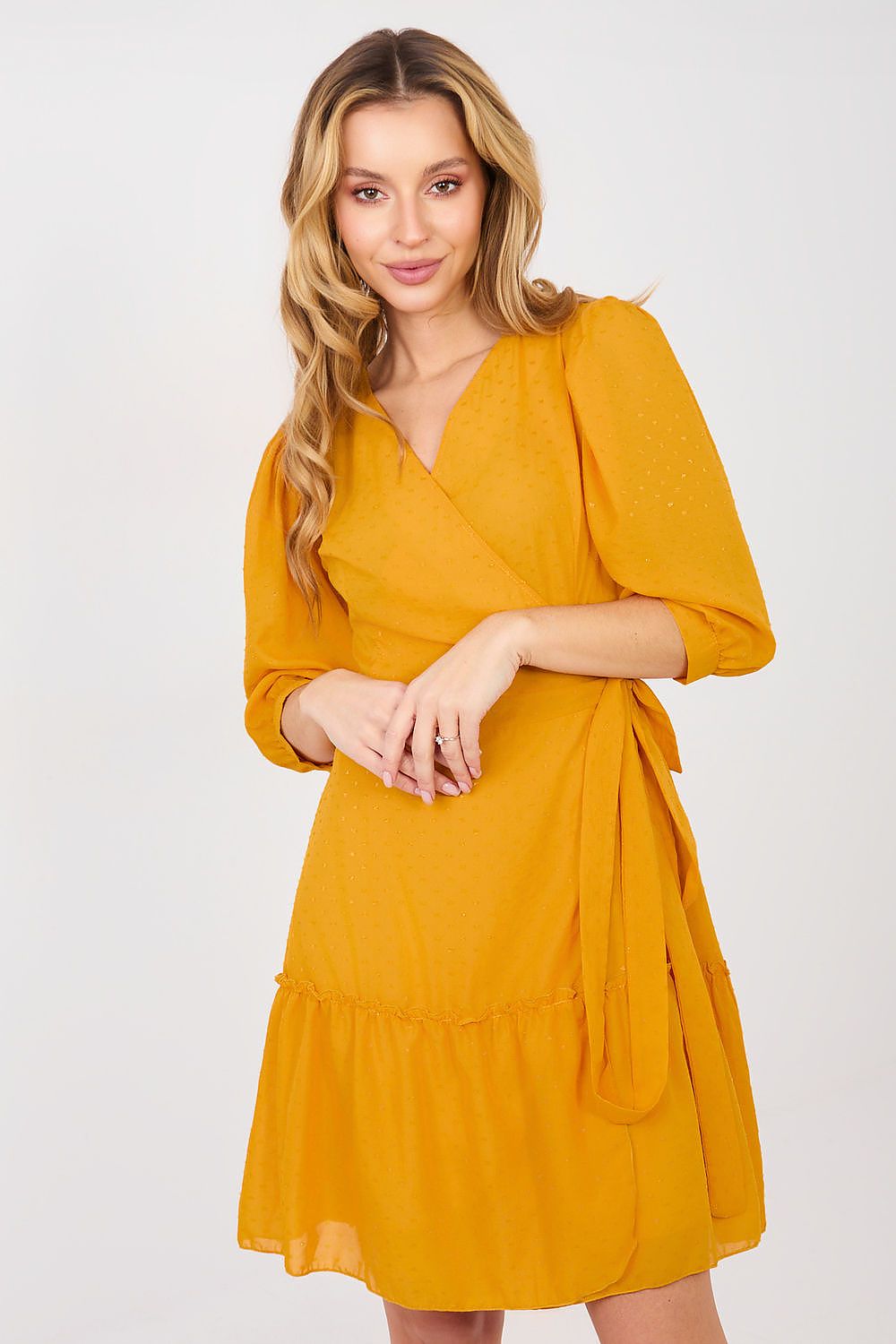 yellow wrap ruffle day dress front view