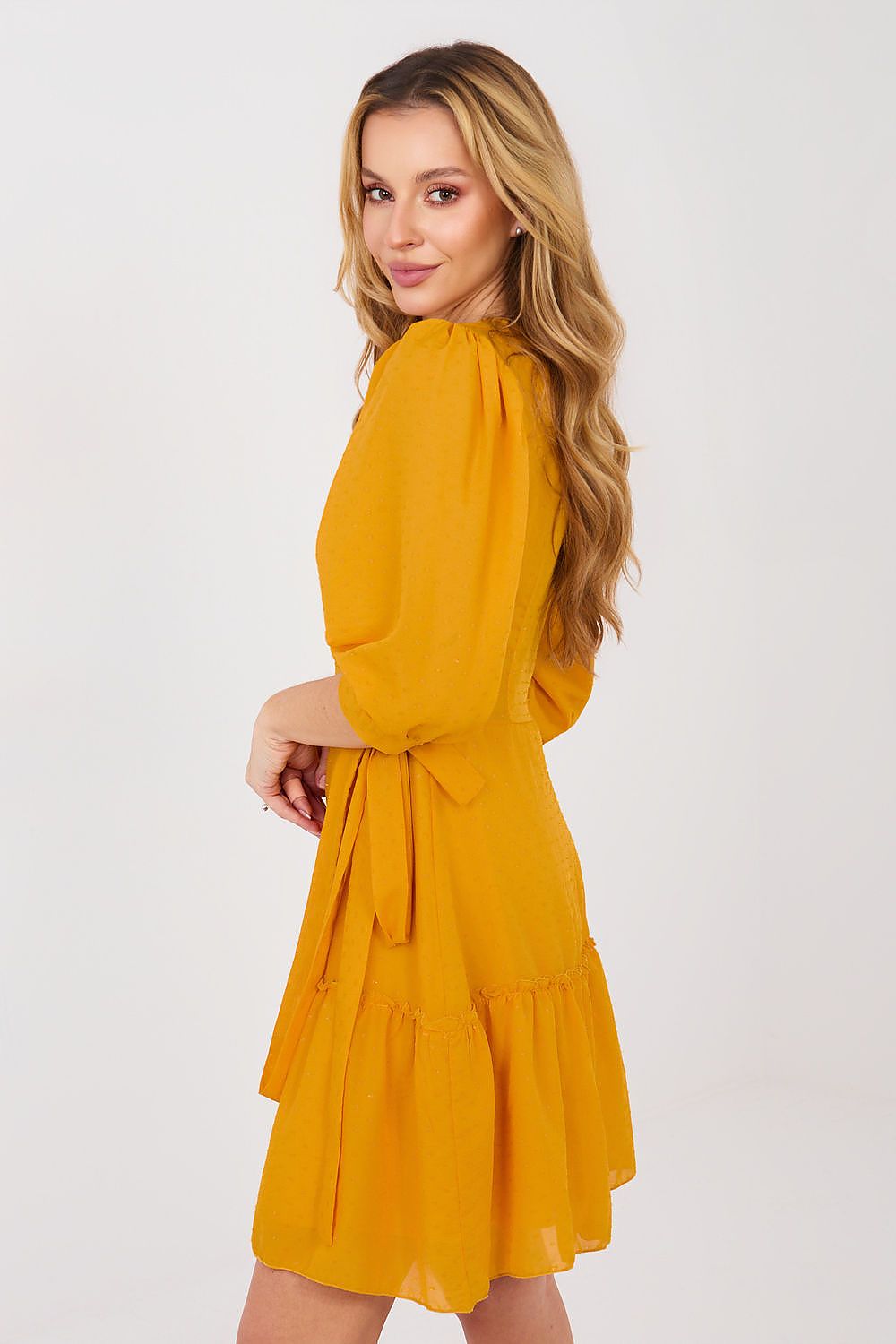 yellow wrap ruffle day dress alternate angle