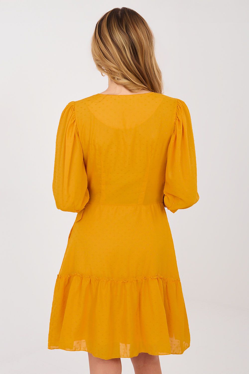 yellow wrap ruffle day dress detail view