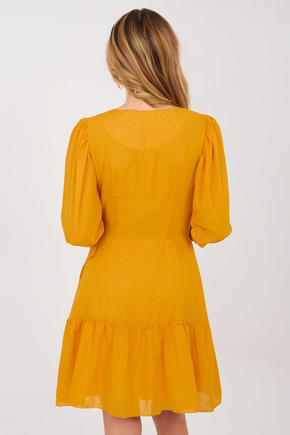 yellow wrap ruffle day dress detail view