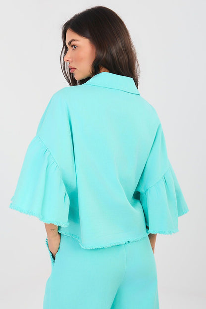 blue mini denim jacket detail view