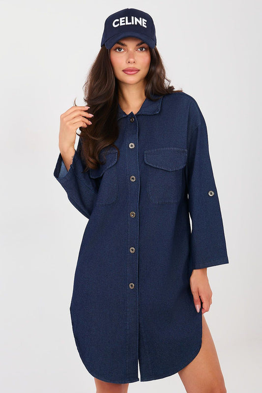 navy blue long sleeve day dress front view